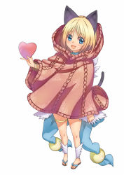 Rule 34 | 1girl, animal ears, bangle, blonde hair, blue eyes, blush, bracelet, brown footwear, cat ears, cat tail, commentary request, feathered wings, full body, heart, holding, holding heart, hood, hooded sweater, jewelry, kawagoe pochi, long hair, looking at viewer, open mouth, pink sweater, ragnarok online, sandals, simple background, smile, solo, standing, sweater, tail, thigh strap, wanderer (ragnarok online), white background, white wings, wings
