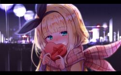 Rule 34 | 1girl, baram, black ribbon, blonde hair, blunt bangs, blurry, blurry background, blush, bokeh, box, breath, commentary request, covering own mouth, depth of field, enpera, gift, green eyes, hair ribbon, heart-shaped box, holding, holding box, holding gift, jacket, letterboxed, looking at viewer, mononobe alice, night, nijisanji, nose blush, orange jacket, outdoors, pink scarf, plaid, plaid scarf, ribbon, scarf, short hair, solo, upper body, valentine, virtual youtuber
