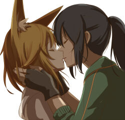 Rule 34 | 2girls, animal ear fluff, animal ears, black gloves, black hair, blonde hair, character request, closed eyes, collared jacket, commentary request, eyelashes, fingerless gloves, fox ears, from side, gloves, green jacket, green sleeves, hands on another&#039;s neck, hood, hood down, hoodie, jacket, jersey, kerberos blade, kiss, long hair, long sleeves, multiple girls, parted lips, ponytail, shiroino (shirayuki mutsuki), short hair, simple background, sleeves past elbows, toono kuzuha, upper body, white background, white hood, white hoodie, yuri
