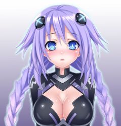 Rule 34 | 10s, 1girl, bad id, bad pixiv id, blue eyes, blush, bodysuit, braid, breasts, cleavage, cleavage cutout, clothing cutout, female focus, hair ornament, large breasts, long hair, neptune (neptunia), neptune (series), purple hair, purple heart (neptunia), rock (4koma), solo, symbol-shaped pupils, twin braids, twintails, very long hair