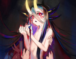 Rule 34 | 1girl, aqua pupils, black hair, blood, blood on chest, bright pupils, cracked skin, facial mark, flat chest, grey background, grey hair, hair between eyes, hair censor, hands up, highres, holding, horns, long hair, looking at viewer, looking down, mizumi zumi, multicolored hair, multiple horns, navel, nude, oni horns, original, purple hair, red eyes, red hair, sketch, solo focus, unfinished, upper body, very long hair, whisker markings