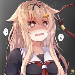 Rule 34 | 1girl, @ @, absurdres, artist request, black background, black ribbon, blonde hair, blush, collar, commentary request, fang, gradient background, hair ornament, hair ribbon, hairclip, hibiki (zerocodo), highres, kantai collection, long hair, open mouth, red eyes, ribbon, sailor collar, scared, school uniform, serafuku, solo, tears, trembling, upper body, wavy mouth, white sailor collar, yuudachi (kancolle), yuudachi kai ni (kancolle)