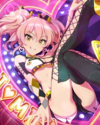 Rule 34 | 10s, 1girl, artist request, black footwear, black thighhighs, boots, breasts, cleavage, cross-laced footwear, earrings, eyelashes, grin, highres, idolmaster, idolmaster cinderella girls, jewelry, jougasaki mika, long legs, lying, midriff, no socks, official art, partially visible vulva, pink hair, reference work, resized, smile, solo, thigh boots, thighhighs, tsurime, twintails, upscaled, waifu2x, yellow eyes