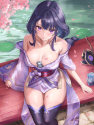 Rule 34 | 1girl, asymmetrical sleeves, bare shoulders, black thighhighs, breasts, cherry blossoms, cleavage, commentary request, feet out of frame, genshin impact, highres, japanese clothes, kimono, large breasts, lily pad, long hair, long sleeves, looking at viewer, off shoulder, parted lips, petals, purple eyes, purple hair, purple kimono, raiden shogun, short sleeves, sitting, solo, thighhighs, thighs, very long hair, water, yawww (yawwwart)
