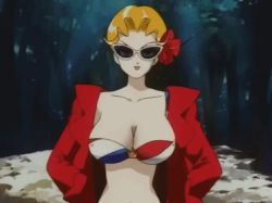 Rule 34 | 1990s (style), 1girl, animated, animated gif, bikini, blonde hair, bouncing breasts, breasts, cleavage, coat, collarbone, constricted pupils, female focus, flower, forest, hair flower, hair ornament, hands in pockets, large breasts, light rays, looking at viewer, lowres, mahou tsukai tai!, miyama mizuha, nature, outdoors, retro artstyle, short hair, single strap, solo, sunbeam, sunglasses, sunlight, swimsuit, walking
