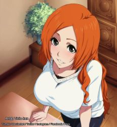 Rule 34 | 1girl, arm support, bleach, breasts, eyelashes, grey eyes, indoors, inoue orihime, large breasts, long hair, looking at viewer, mixed-language commentary, orange hair, plant, shirt, smile, solo, standing, vicio cusimano, white shirt