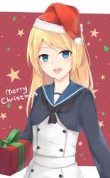 Rule 34 | 1girl, adapted costume, black neckerchief, blonde hair, blue eyes, blue sailor collar, cowboy shot, dress, gift, gloves, hat, highres, jenson tw, jervis (kancolle), kantai collection, long sleeves, looking at viewer, merry christmas, neckerchief, red background, red hat, sailor collar, sailor dress, santa hat, solo, white dress, white gloves