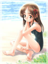Rule 34 | 1girl, barefoot, beach, blush, border, braid, brown eyes, brown hair, day, goto p, hair ribbon, long hair, looking to the side, new school swimsuit, non-web source, one-piece swimsuit, open mouth, original, outdoors, ribbon, school swimsuit, sidelocks, single braid, sitting, smile, soles, solo, swimsuit, toes, transparent border