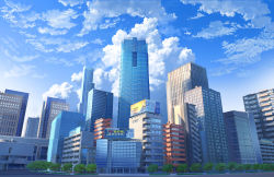 Rule 34 | absurdres, ad, billboard, blue sky, building, city, cityscape, cloud, cloudy sky, commentary request, highres, no humans, original, outdoors, road, scenery, sky, skyscraper, street, tree, xingzhi lv