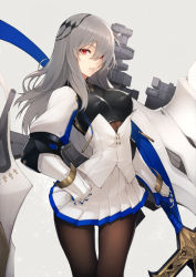 Rule 34 | 1girl, azur lane, breasts, brown pantyhose, closed mouth, corset, cowboy shot, elbow gloves, gloves, gradient background, grey background, hair over one eye, hand on own hip, hand on own chest, impossible clothes, kyoeiki, long hair, looking at viewer, machinery, medium breasts, pantyhose, pleated skirt, puffy short sleeves, puffy sleeves, red eyes, rigging, saint-louis (azur lane), short sleeves, silver hair, skirt, solo, standing, thigh gap, very long hair, white gloves, white skirt
