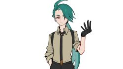 Rule 34 | 1girl, ahoge, black gloves, black necktie, black pants, bright pupils, closed mouth, collared shirt, commentary request, creatures (company), earrings, flat chest, game freak, gloves, green hair, hand in pocket, hand up, highres, jewelry, long hair, molingxiang chimangguo, necktie, nintendo, pants, pokemon, pokemon sv, ponytail, red eyes, rika (pokemon), shirt, simple background, sleeves rolled up, solo, suspenders, white background, white pupils