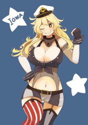 Rule 34 | 10s, 1girl, blonde hair, blue background, blue eyes, blush, breasts, character name, cleavage, fingerless gloves, garter straps, gloves, hand on own hip, hat, iowa (kancolle), kantai collection, kion-kun, large breasts, long hair, looking at viewer, miniskirt, navel, one eye closed, panties, pantyshot, peaked cap, simple background, skirt, smile, solo, star-shaped pupils, star (symbol), symbol-shaped pupils, thighhighs, underwear, zettai ryouiki