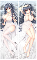 Rule 34 | 1girl, ahoge, antenna hair, arm behind back, azur lane, barefoot, breasts, bride, chinese commentary, cleavage, closed mouth, dress, earrings, feet, flower, full body, grey footwear, grey hair, hair between eyes, hair flower, hair ornament, hand on own head, high heels, highres, jewelry, large breasts, lifted by self, long dress, looking at viewer, necklace, official alternate costume, open mouth, parted lips, red eyes, rock, shoes, unworn shoes, sitting, smile, solo, summer-d (dodojune), taihou (azur lane), taihou (temptation on the sea breeze) (azur lane), thighhighs, thighs, water, wedding dress, white dress, white thighhighs