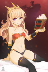 Rule 34 | 10s, 1girl, 2015, absurdres, arm support, bandeau, black thighhighs, blonde hair, blush, book, breasts, cagliostro (granblue fantasy), collarbone, curly hair, dated, dragon, granblue fantasy, highres, long hair, looking at viewer, mou tama maru, navel, open mouth, panties, purple eyes, sitting, small breasts, smile, solo, stomach, thighhighs, underboob, underwear