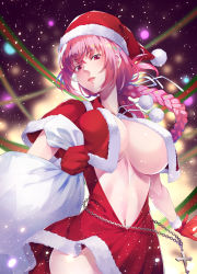 Rule 34 | 1girl, braid, breasts, capelet, center opening, chain, crop top, crop top overhang, cross, dress, fate/grand order, fate (series), florence nightingale (fate), florence nightingale (santa) (fate), folded ponytail, fur trim, gloves, hair ribbon, hat, highres, large breasts, latin cross, long hair, looking at viewer, mukunokino isshiki, navel, open mouth, pink hair, red capelet, red dress, red eyes, red gloves, revealing clothes, ribbon, sack, santa costume, santa hat, short dress, single braid, snowing, white ribbon