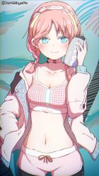 Rule 34 | 1girl, a.f.o, absurdres, arknights, black pants, blue eyes, blue poison (arknights), blue poison (shoal beat) (arknights), blush, bottle, choker, collarbone, cowboy shot, ear piercing, hairband, hand in pocket, highres, jacket, looking at viewer, medium hair, midriff, navel, off shoulder, official alternate costume, open clothes, open jacket, pants, pants under shorts, piercing, pink choker, pink jacket, pink shorts, pink sports bra, scales, shorts, smile, sports bra, twitter username, water bottle