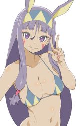 Rule 34 | animal ears, bad id, bad twitter id, bikini, bikini top only, closed mouth, commentary, commentary request, dark-skinned female, dark skin, donguri suzume, egyptian, facepaint, facial mark, fate/grand order, fate (series), hairband, highres, jackal ears, long hair, looking at viewer, low-tied long hair, navel, nitocris (fate), purple eyes, purple hair, reaching, reaching towards viewer, selfie, sidelocks, simple background, smile, solo, stomach, string bikini, swimsuit, very long hair, w, white background
