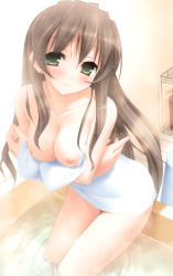 Rule 34 | 1girl, absurdres, bath, bathing, blush, breast hold, breasts, brown hair, cleavage, collarbone, green eyes, highres, indoors, itou hinako, kantoku, long hair, looking at viewer, naked towel, natsu no ame, nipples, nude, partially submerged, sitting, smile, solo, steam, towel, water