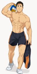 Rule 34 | 1boy, 8 (yamalu), abs, alternate pectoral size, bad id, bad twitter id, ball, bara, black shorts, brown hair, bulge, expressionless, full body, haikyuu!!, highres, holding, holding ball, large pectorals, looking at viewer, male focus, muscular, muscular male, navel, nipples, pectorals, sawamura daichi, short hair, shorts, sideburns, solo, sportswear, standing, stomach, thick thighs, thighs, topless male, volleyball (object), volleyball uniform