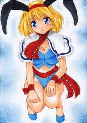 Rule 34 | 1girl, adapted costume, alice margatroid, animal ears, bare legs, blonde hair, blue eyes, breasts, rabbit ears, capelet, detached collar, female focus, high heels, large breasts, open mouth, playboy bunny, rabbit girl, ribbon, shoes, short hair, solo, touhou, traditional media, vest, wrist ribbon, yadokari genpachirou