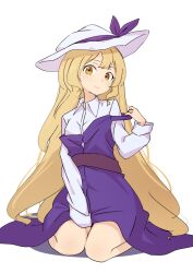 Rule 34 | 1girl, blonde hair, bow, closed mouth, dress, hat, hat bow, highres, kanpa (campagne 9), long hair, long sleeves, looking at viewer, purple bow, purple dress, seiza, shirt, simple background, sitting, smile, solo, touhou, very long hair, watatsuki no toyohime, white background, white hat, white shirt, yellow eyes