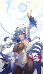 Rule 34 | 1girl, absurdres, ahoge, arm up, armpits, bare shoulders, bell, blue hair, breasts, brown pantyhose, chinese knot, cowboy shot, detached sleeves, flower knot, ganyu (genshin impact), genshin impact, gold trim, highres, horns, ktr (tpun2553), long hair, looking at viewer, medium breasts, neck bell, no gloves, orb, pantyhose, purple eyes, sidelocks, smile, solo, standing, tassel, vision (genshin impact), waist cape, white sleeves