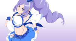 Rule 34 | 1girl, aono miki, blue choker, blue skirt, breasts, choker, closed mouth, crop top, cure berry, downblouse, fresh precure!, fuchi (nightmare), gradient background, high ponytail, highres, large breasts, long hair, looking at viewer, looking back, looking up, magical girl, miniskirt, precure, purple background, purple eyes, purple hair, skirt, smile, solo, swept bangs