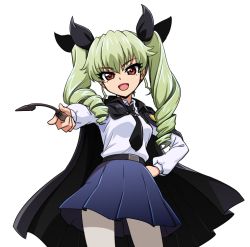 Rule 34 | 10s, 1girl, anchovy (girls und panzer), belt, black skirt, brown eyes, cape, dress shirt, drill hair, girls und panzer, green hair, hair ribbon, hand on own hip, long hair, long sleeves, looking at viewer, miniskirt, necktie, open mouth, pantyhose, pleated skirt, pointing, ribbon, riding crop, school uniform, shinmai (kyata), shirt, skirt, smile, solo, standing, transparent background, twin drills, twintails, white pantyhose, white shirt