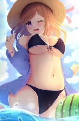 Rule 34 | 1girl, amane 1906, artist name, bare shoulders, bikini, black bikini, blue jacket, blush, breasts, brown hair, cleavage, cloud, commentary request, day, from below, hair ornament, hairclip, hat, highres, jacket, jakcet, long hair, long sleeves, looking at viewer, medium breasts, mole, mole on breast, navel, one eye closed, open mouth, original, outdoors, purple eyes, smile, solo, sun hat, swimsuit, water