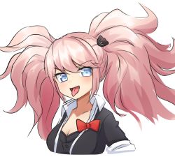 Rule 34 | 1girl, :d, :p, absurdres, big hair, black jacket, black shirt, blue eyes, blush, bow, breasts, cleavage, danganronpa: trigger happy havoc, danganronpa (series), enoshima junko, hair ornament, hairclip, highres, jacket, klaius, large breasts, long hair, looking at viewer, open clothes, open jacket, open mouth, red bow, shirt, simple background, smile, solo, tongue, tongue out, twintails, upper body, white background