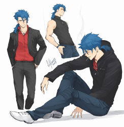 Rule 34 | 1boy, alternate costume, angry, bare shoulders, blue hair, closed eyes, collared shirt, crescent, crescent necklace, cu chulainn (fate), cu chulainn (fate) (all), cu chulainn (fate/prototype), dated, denim, dress shirt, earrings, fate/prototype, fate (series), from side, grin, hand in pocket, hood, hood down, hoodie, hoop earrings, jacket, jeans, jewelry, long hair, male focus, multiple views, muscular, necklace, pants, ponytail, red eyes, shirt, signature, sitting, sleeveless, sleeveless shirt, smile, smoke, smoking, solkorra, spiked hair, standing, type-moon