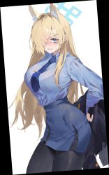 Rule 34 | 1girl, absurdres, animal ears, black jacket, black pantyhose, blonde hair, blue archive, blue eyes, blue halo, blue necktie, blue shirt, blue skirt, blush, halo, highres, jacket, kanna (blue archive), ktr (tpun2553), looking at viewer, necktie, pantyhose, see-through, shirt, simple background, skirt, solo, thigh gap, twitter, white background