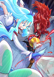 Rule 34 | &gt; &lt;, 1boy, 1girl, absurdres, blue choker, blue dress, blue eyes, blue hair, brooch, choker, coffret (heartcatch precure!), cure marine, dress, earrings, energy, fighting, foreshortening, frown, gloves, grimace, grin, hair ornament, hair over one eye, heart, heart brooch, heart hair ornament, heartcatch precure!, highres, itou shin&#039;ichi, jewelry, kicking, kumojacky, kurumi erika, long hair, looking at another, magical girl, motion blur, precure, puffy short sleeves, puffy sleeves, red hair, reflection, shattered, short dress, short sleeves, smile, sparks, standing, thighhighs, white gloves, white thighhighs