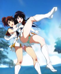 Rule 34 | 2girls, :d, ass, black hair, blue sky, blurry, blurry background, blush, body blush, boots, breasts, brown hair, day, depth of field, dress, elbow gloves, foreshortening, from below, full body, gloves, gluteal fold, green panties, hibike! euphonium, highres, knee boots, kousaka reina, legs up, lifting person, long hair, looking down, medium breasts, multiple girls, official style, open mouth, oumae kumiko, outdoors, panties, pantyshot, pink panties, ponytail, purple eyes, sailor collar, sbel02, short hair, sitting, sky, sleeveless, sleeveless dress, smile, spread legs, standing, tareme, thighs, tree, underwear, uniform, v-shaped eyebrows, white dress, white footwear, white gloves, yellow eyes