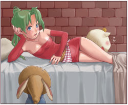 Rule 34 | 1990s (style), 1girl, bare shoulders, bed, blue eyes, blush, breasts, detached sleeves, dress, earrings, female focus, final fantasy, final fantasy vi, green hair, jewelry, long hair, lying, moogle, open mouth, ponytail, sarapowa, solo, tina branford