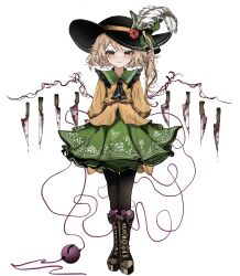 Rule 34 | 1girl, :3, absurdres, ascot, black ascot, black hat, black pantyhose, blonde hair, blood, bloody knife, boots, brown footwear, closed mouth, commentary, cosplay, flandre scarlet, flat chest, flower, frilled shirt collar, frills, full body, green ribbon, green skirt, hat, hat feather, hat flower, hat ribbon, highres, knife, komeiji koishi, komeiji koishi (cosplay), long sleeves, looking at viewer, one side up, ougiikun, pantyhose, red eyes, red flower, ribbon, shirt, simple background, skirt, solo, third eye, touhou, white background, wings, yellow shirt