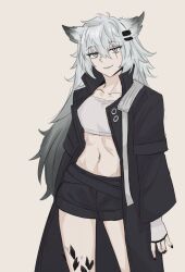 Rule 34 | 1girl, absurdres, animal ears, arknights, bandeau, black coat, black nails, black shorts, coat, commentary request, cowboy shot, fingerless gloves, gloves, grey background, grey eyes, grey hair, hair ornament, hairclip, highres, lappland (arknights), long hair, long sleeves, looking at viewer, material growth, maven (madeinheaven 23), midriff, nail polish, navel, open clothes, open coat, oripathy lesion (arknights), short shorts, shorts, simple background, smile, solo, standing, stomach, strapless, thighs, tube top, very long hair, white gloves, wolf ears