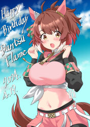Rule 34 | 1girl, absurdres, ahoge, animal ears, belt, blush, breasts, brown eyes, brown hair, clenched hands, cloud, commentary request, dantsu flame (umamusume), dated, happy birthday, highres, horse ears, horse girl, horse tail, kazakoshi nonta, large breasts, looking at viewer, midriff, navel, sky, solo, tail, umamusume