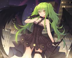 Rule 34 | 1girl, bad id, bad pixiv id, bare shoulders, black dress, black footwear, black gloves, black legwear, blush, boots, bow, breasts, bridal garter, canape (canape0130), cityscape, collarbone, commentary request, dress, dress bow, floating hair, girls&#039; frontline, gloves, green hair, grin, hair between eyes, halter dress, halterneck, holding, holding microphone, long hair, looking away, m950a (concert diva!) (girls&#039; frontline), m950a (girls&#039; frontline), medium breasts, messy hair, microphone, microphone stand, music, night, official alternate costume, parted lips, see-through, sidelocks, skindentation, smile, solo, standing, teeth, thighs, twintails, two side up, wind, wind lift, wings, yellow eyes