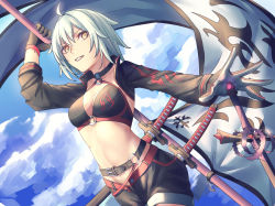 Rule 34 | 1girl, absurdres, ahoge, banner, belt, bikini, bikini top only, black bikini, black gloves, black shorts, black sleeves, breasts, brown belt, cleavage, cloud, cowboy shot, criss-cross halter, day, fate/grand order, fate (series), gloves, grin, halterneck, hand on hilt, highres, holding, huge filesize, jeanne d&#039;arc alter (swimsuit berserker) (fate), jeanne d&#039;arc (fate), jeanne d&#039;arc alter (fate), jeanne d&#039;arc alter (swimsuit berserker) (fate), long sleeves, medium breasts, navel, o-ring, o-ring top, outdoors, outstretched hand, print bikini, print bikini top, red belt, short hair, short shorts, shorts, shrug (clothing), silver hair, smile, solo, standing, swimsuit, sword, weapon, yangsan (2991076090), yellow eyes