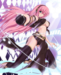 Rule 34 | 1girl, aqua eyes, belt, black panties, black thighhighs, blue eyes, blue nails, blush, boots, breasts, darkmaya, closed eyes, female focus, foreshortening, headphones, holding, holding microphone, long hair, looking at viewer, medium breasts, megurine luka, microphone, musical note, nail polish, navel, no bra, one eye closed, outstretched arm, panties, pink hair, revealing clothes, smile, solo, thighhighs, underwear, very long hair, vocaloid, wink