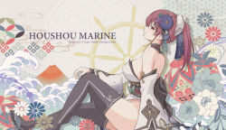 Rule 34 | 1girl, absurdres, bare shoulders, black thighhighs, bow, breasts, character name, closed mouth, commentary request, detached collar, detached sleeves, floral background, flower, from side, full body, hair bow, hair flower, hair ornament, hand on own knee, highres, hololive, houshou marine, houshou marine (new year), japanese clothes, kimono, knee up, large breasts, leaf, leaning back, legs, long hair, looking at viewer, looking to the side, obi, official alternate costume, ponytail, profile, red eyes, red hair, saku39 (skb318), sash, ship&#039;s wheel, solo, thighhighs, thighs, virtual youtuber, w, waves, white bow, wide sleeves