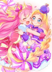 Rule 34 | 2girls, absurdres, blonde hair, blue eyes, bow, bowtie, braid, brooch, capelet, closed eyes, closed mouth, commentary, crown, cure friendy, cure wonderful, dress, dress bow, earrings, flat cap, hair bow, hairband, hat, heart, heart brooch, highres, hug, inukai iroha, inukai komugi, jewelry, long hair, looking at another, magical girl, mini crown, multicolored hair, multiple girls, open mouth, pantyhose, pink bow, pink bowtie, pink crown (object), pink hair, pink pantyhose, precure, puffy short sleeves, puffy sleeves, purple bow, purple bowtie, purple capelet, purple dress, purple hairband, purple hat, red bow, red dress, short dress, short sleeves, smile, standing, standing on one leg, striped clothes, striped pantyhose, sugimura mickey, tilted headwear, twin braids, two-tone hair, two side up, very long hair, wonderful precure!, wrist cuffs, yellow hairband, yellow pantyhose