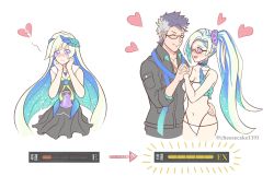 Rule 34 | 1boy, 1girl, :d, bare shoulders, bikini, black dress, black jacket, blue hair, blue scarf, blush, breasts, broken heart, brynhildr (fate), brynhildr (swimsuit berserker) (fate), brynhildr (swimsuit berserker) (first ascension) (fate), cheesecake1191, cleavage, closed eyes, collarbone, commentary, dress, dual persona, english commentary, fate/grand order, fate (series), frown, glasses, grey hair, hair ornament, hair scrunchie, heart, highres, holding hands, jacket, long hair, looking at another, midriff, multicolored hair, navel, open mouth, purple eyes, purple scrunchie, sailor dress, scar, scar on chest, scarf, scrunchie, side ponytail, sigurd (fate), sigurd (memories with my lover) (fate), smile, swimsuit, tears, twitter username, two-tone hair, very long hair, white background, white bikini
