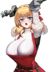 Rule 34 | 1girl, absurdres, arm up, blonde hair, blue eyes, blush, breasts, collarbone, dishui tangni, dress, drill hair, hair intakes, highres, holding, holding staff, holding weapon, large breasts, long hair, looking at viewer, open mouth, red dress, scarlett (unicorn overlord), solo, staff, sweater, sweater under dress, turtleneck, turtleneck sweater, unicorn overlord, upper body, weapon, white background, white sweater
