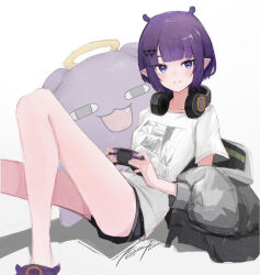 Rule 34 | 1girl, artist name, black coat, black hoodie, black shorts, blunt bangs, blush, bob cut, breasts, closed mouth, coat, controller, dated, game controller, hair ornament, hairclip, headphones, headphones around neck, highres, holding, holding controller, holding game controller, hololive, hololive english, hood, hoodie, knees up, leaning back, looking at viewer, mole, mole under eye, ninomae ina&#039;nis, ninomae ina&#039;nis (loungewear), off shoulder, on floor, parted bangs, pixie cut, pointy ears, punished pigeon, purple footwear, shirt, short hair, short shorts, shorts, signature, sitting, slippers, small breasts, smile, solo, swept bangs, t-shirt, takodachi (ninomae ina&#039;nis), virtual youtuber, white shirt