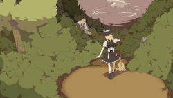 Rule 34 | 1girl, blonde hair, broom, female focus, forest, hat, kirisame marisa, long hair, mieharu, nature, outdoors, plant, sky, solo, touhou, witch, witch hat