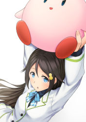 Rule 34 | 10s, 1girl, :d, :o, arms up, blue eyes, brown hair, carrying, crossover, hair flaps, hair ornament, highres, izumi reina, kirby, kirby (series), long hair, looking at viewer, musaigen no phantom world, nintendo, open mouth, power connection, school uniform, smile, trait connection, upper body, white background, yumemizuki
