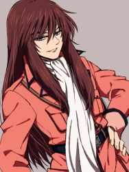 Rule 34 | 1boy, akasata, belt, brown hair, cluster edge, dutch angle, grey background, grey eyes, hand on own hip, jacket, long hair, long sleeves, looking at viewer, male focus, sidelocks, smile, solo, standing, very long hair, vesuvia valentino, white neckwear