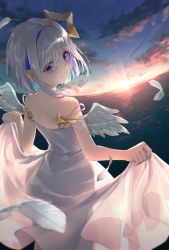 Rule 34 | 1girl, absurdres, alternate costume, amane kanata, angel, angel wings, blue hair, closed mouth, dress, evening, eyes visible through hair, feathers, from behind, highres, hololive, looking at viewer, mozziku bird, multicolored hair, ocean, on water, purple eyes, see-through, short hair, shoulder blades, silver hair, skirt hold, smile, solo, streaked hair, sunset, two-tone hair, virtual youtuber, white dress, wings